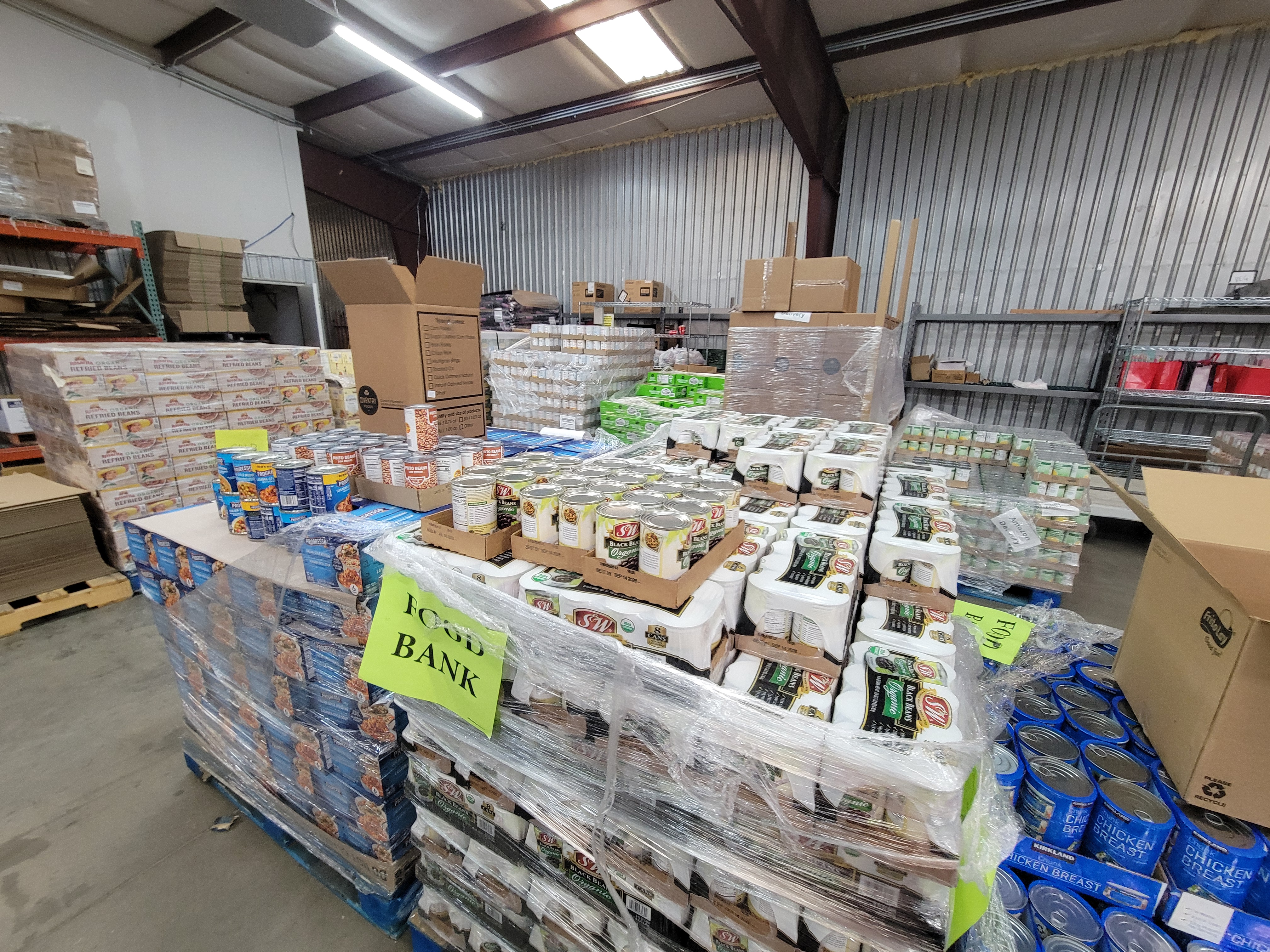 Canned goods on pallets.